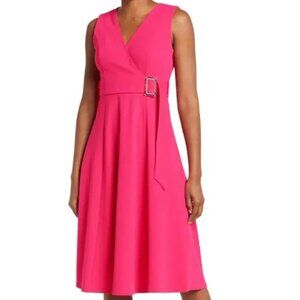 EUC Calvin Klein Surplice Buckle A-line Midi Work Dress Hot Pink (Size: 6)